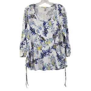 T by Talbots Floral Ruched Top Size L Stretch 3/4 Sleeves Spring Resort Wear